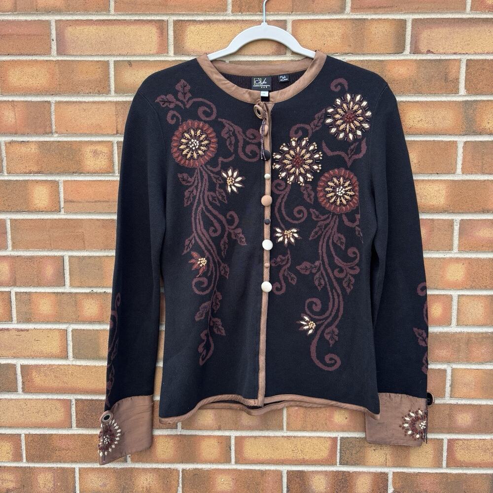 CoVelo Clothing Womens Medium Silk Cotton Blend Button Knit Embroidery Cardigan
